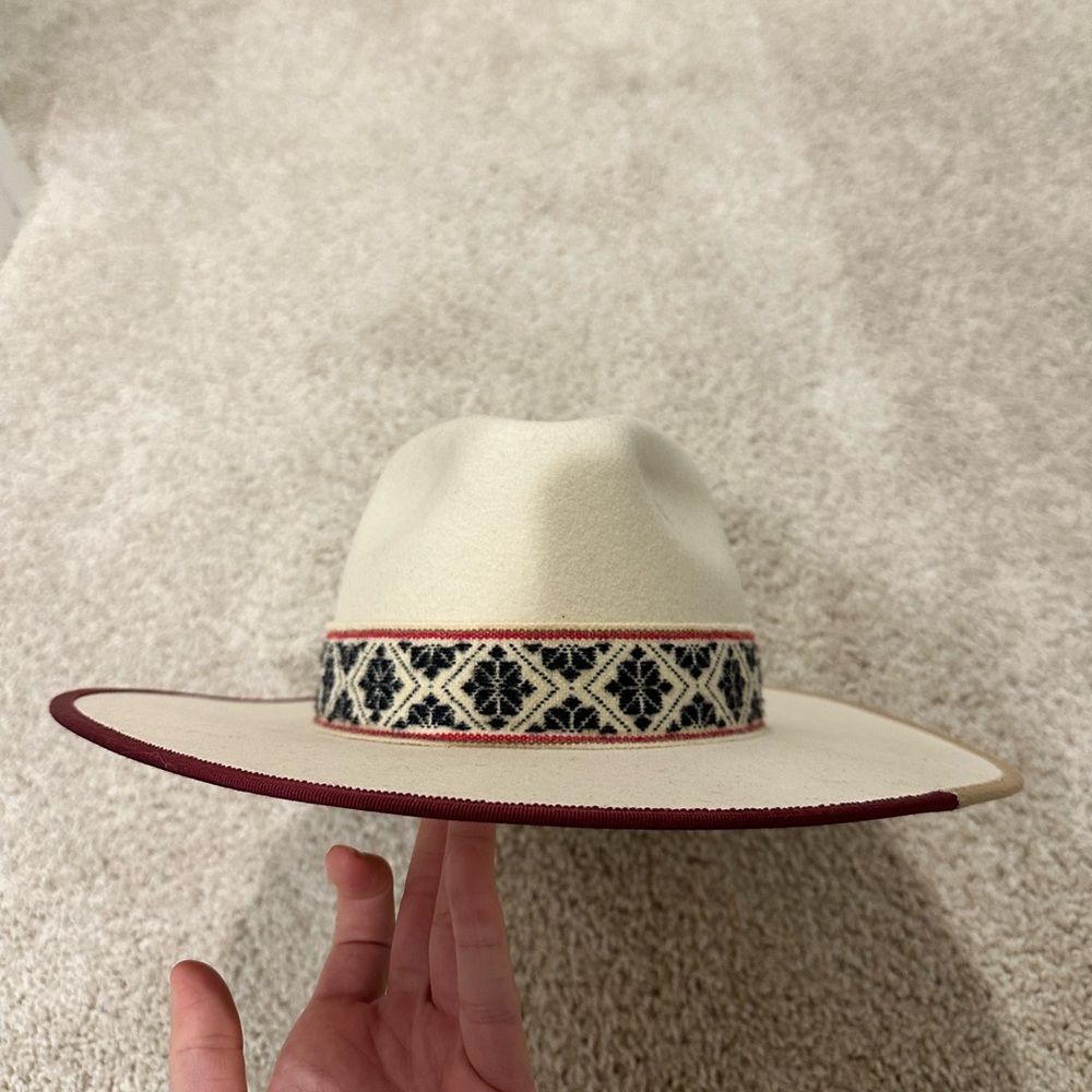 Anthropologie Cream Hat with Black and Red Accents